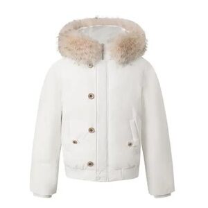 White Hooded Down Jacket with Faux Fur Trim